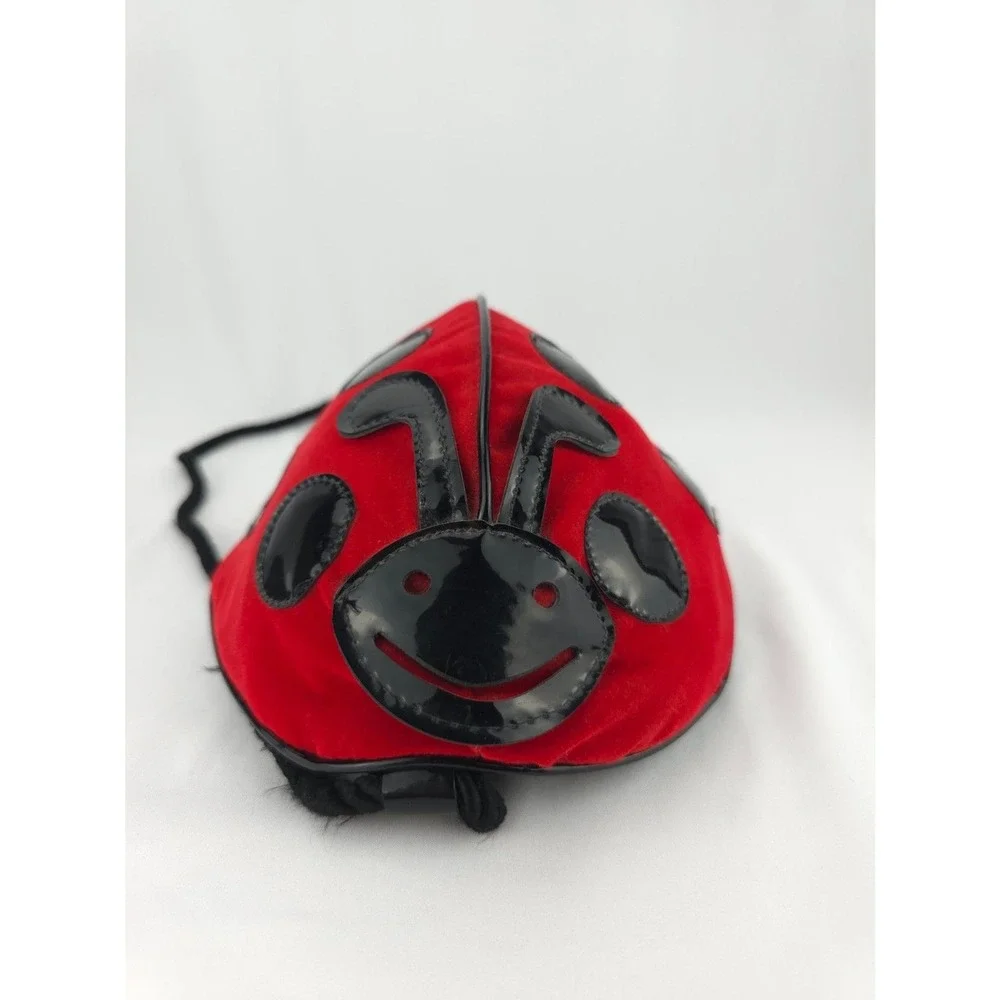 Y2K 90s Velveteen‎ Polka Dot Ladybug Backpack Purse Red Black Zipper